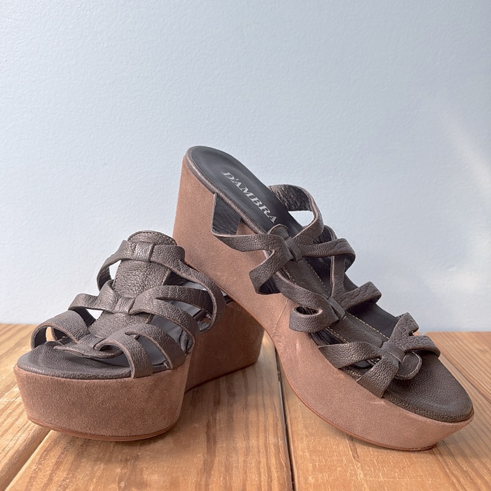 D'ambra Leather Dark Olive Green Blue Wedge Sandals Women's Size 37 Made Italy !